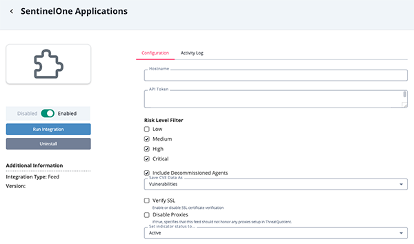 SentinelOne Applications Configuration Screen