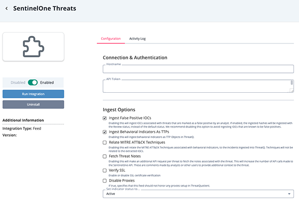 SentinelOne Applications Configuration Screen