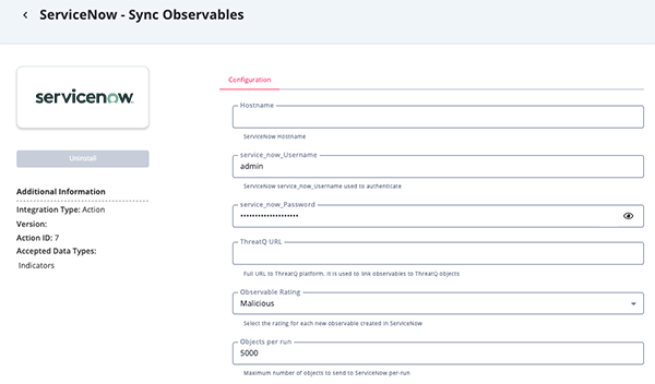 Sync Observables Configuration Screen