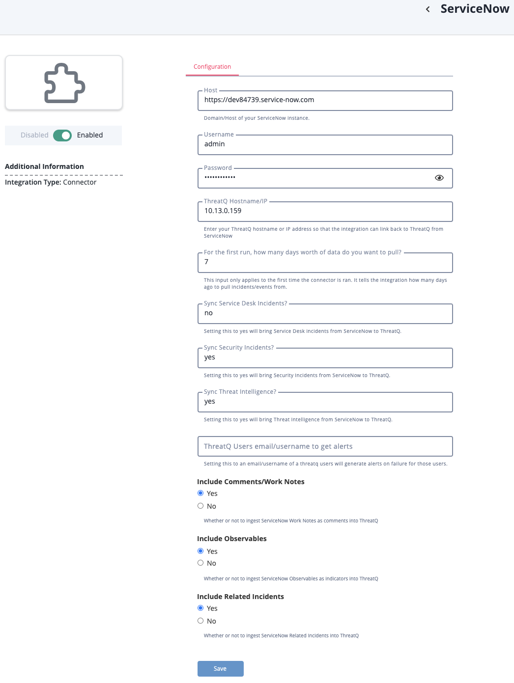 ServiceNow Configuration Screen