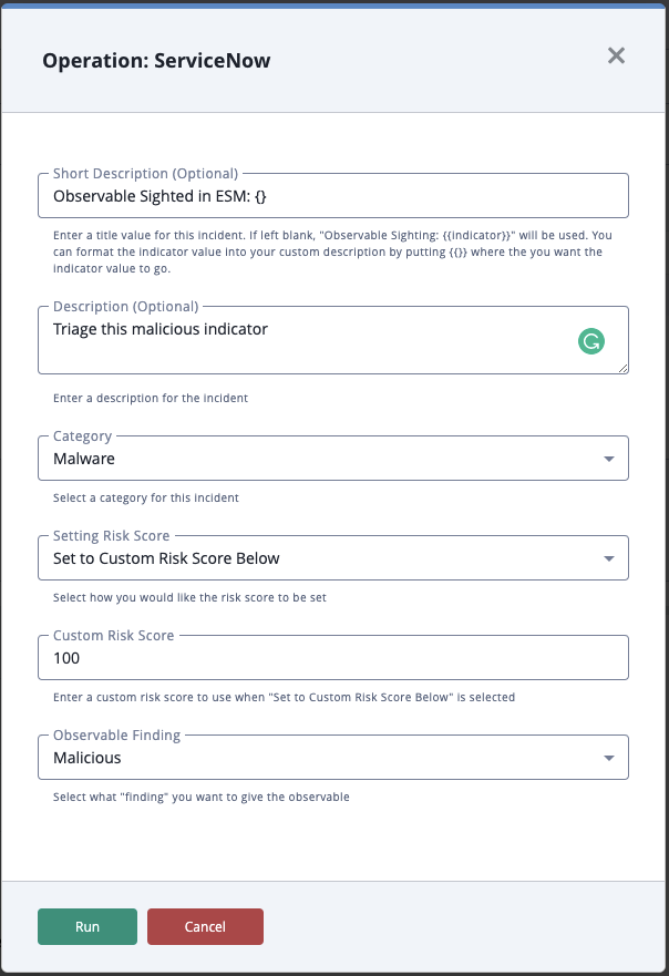 Create Security Incident Action Parameters
