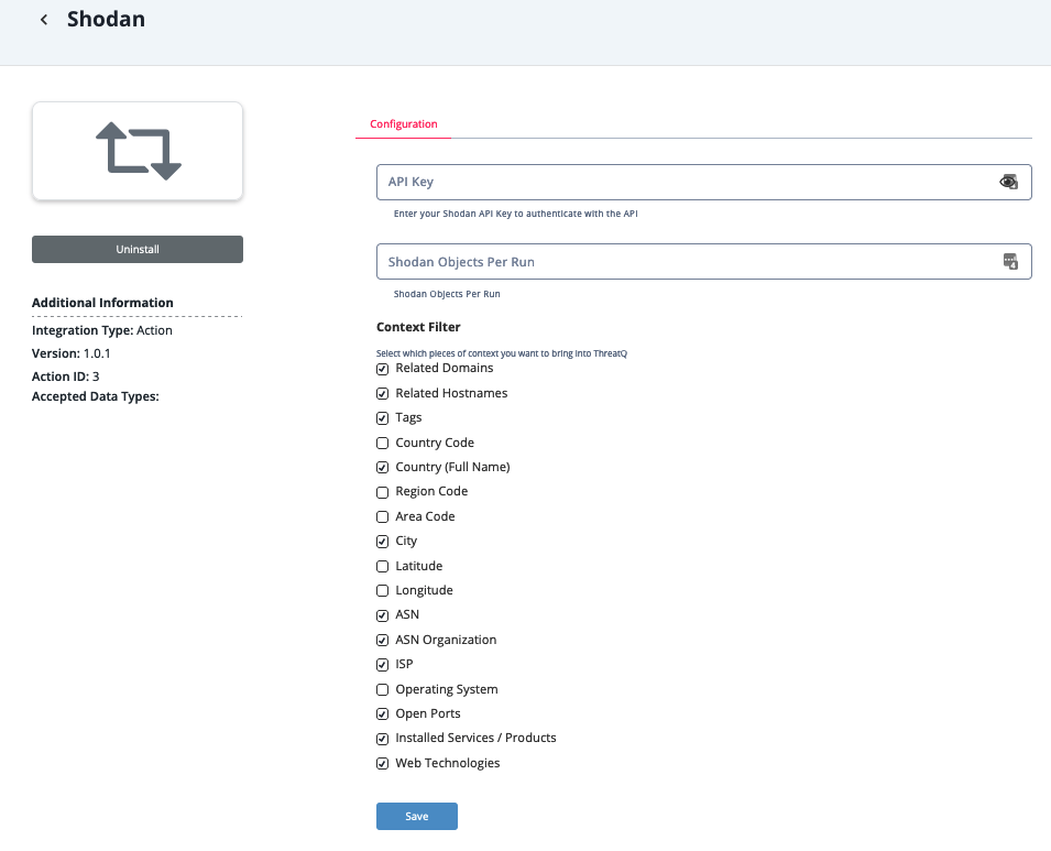 Shodan Configuration Screen