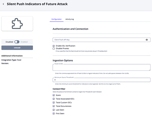 Indicators of Future Attack Configuration Screen