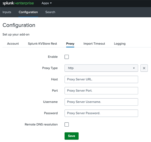 Add-on Configuration - Proxy tab Add-on Configuration - Proxy tab