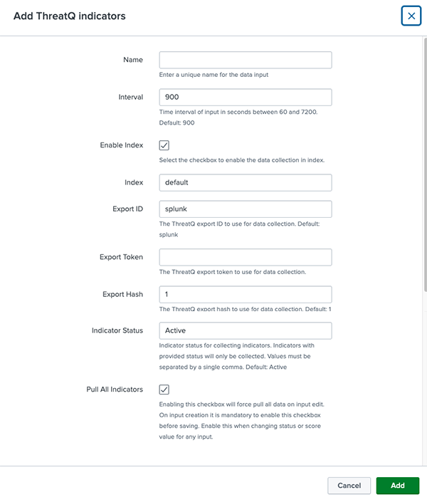 Add ThreatQ Indicators Dialog box