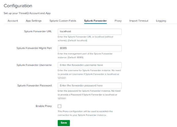 App Configuration - Splunk Forwarder Tab
