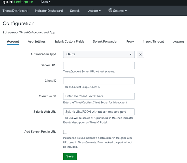 App Account Configuration Tab