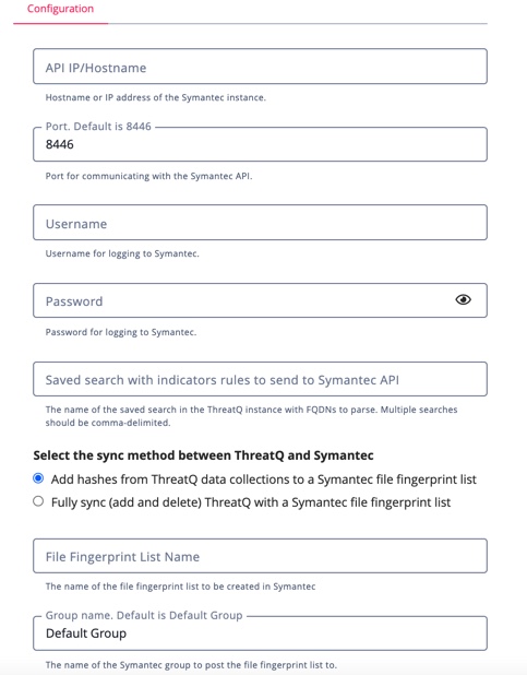 Symantec Endpoint Configuration Screen