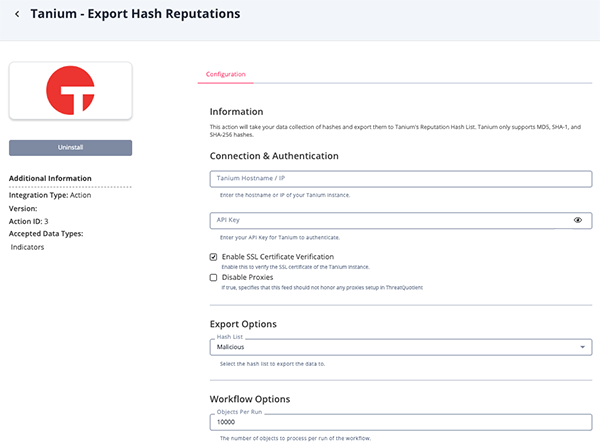 Export Hash Reputations Configuration Screen