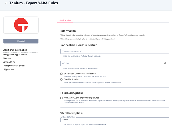 Export YARA Rules Configuration Screen