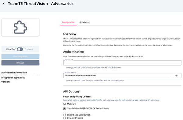 Adversaries Configuration Screen