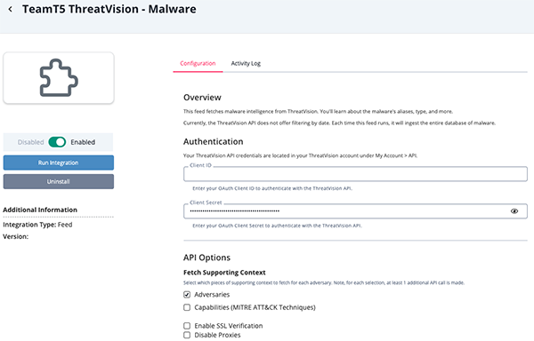 Malware Configuration Screen