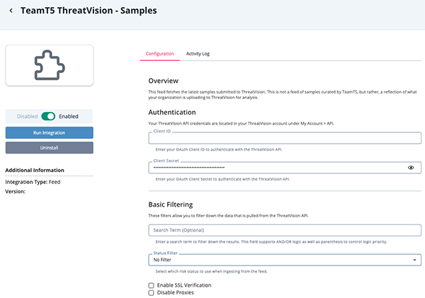 Samples Configuration Screen