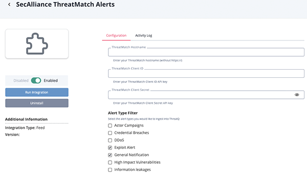 SecAlliance ThreatMatch Alerts Configuration Screen