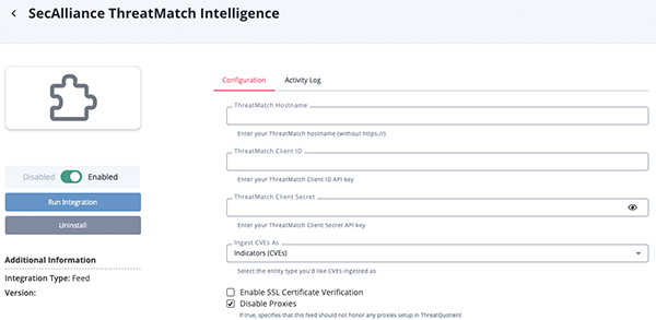 SecAlliance ThreatMatch Intelligence Configuration Screen