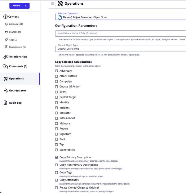 Object Clone Run Configuration Options
