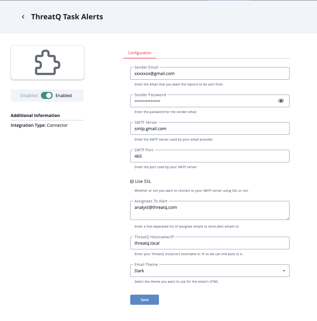 ThreatQ Task Alerts Connector Configuration Screen