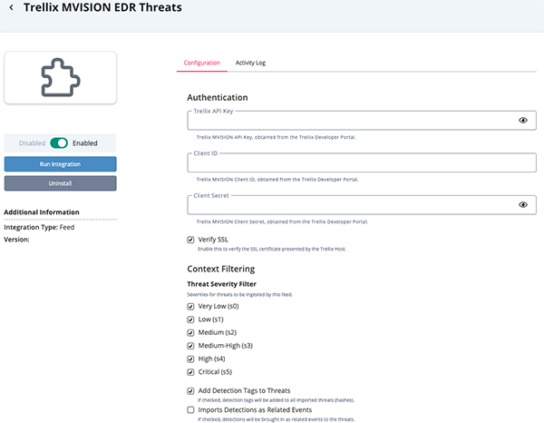 Trellix MVISION EDR Threats Configuration Screen