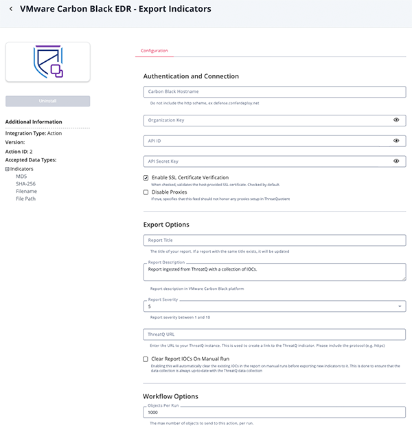 Export Indicators Configuration Screen Export Indicators Configuration Screen