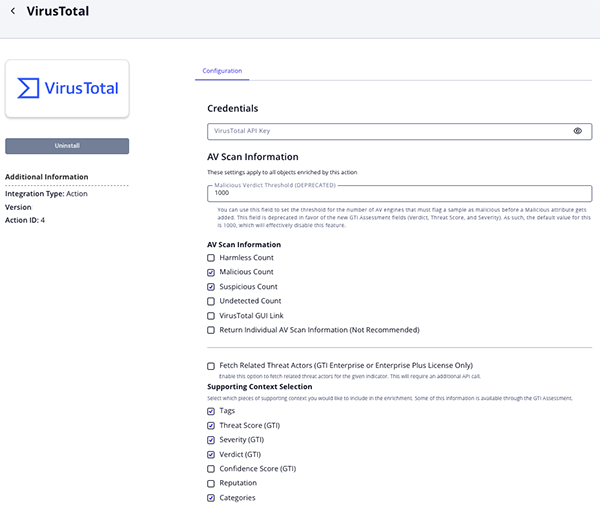 VirusTotal Action Configuration Parameter VirusTotal Action Configuration Parameter