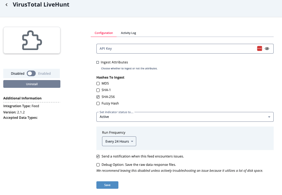VirusTotal LiveHunt Configuration Screen
