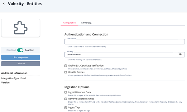 Entities Configuration Screen