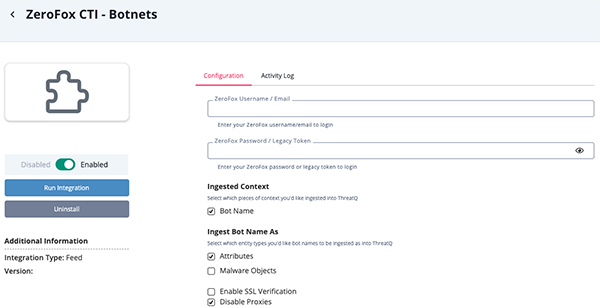 Botnets Configuration Screen