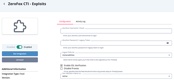 Exploits Configuration Screen