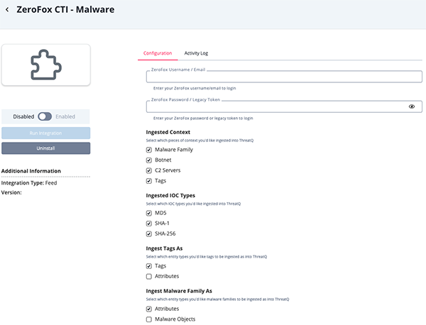 Malware Configuration Screen