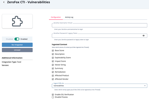 Vulnerabilities Configuration Screen