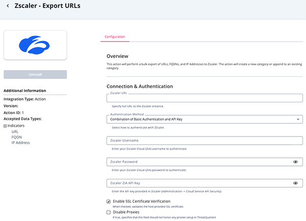 Export URLs Configuration Screen