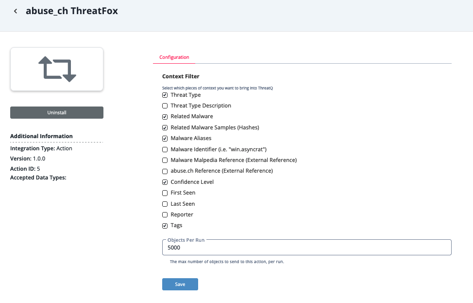 abuse.ch ThreatFox Action Configuration Screen