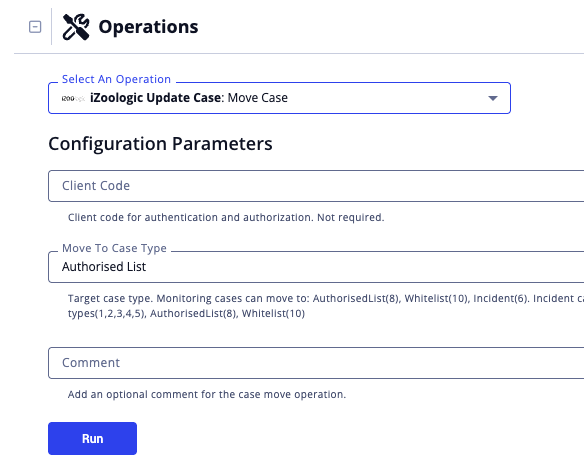 Move Case Run Options
