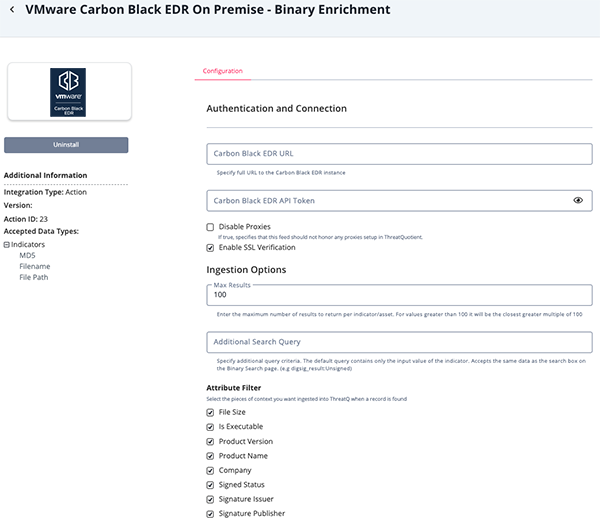 Binary Enrichment Configuration Screen