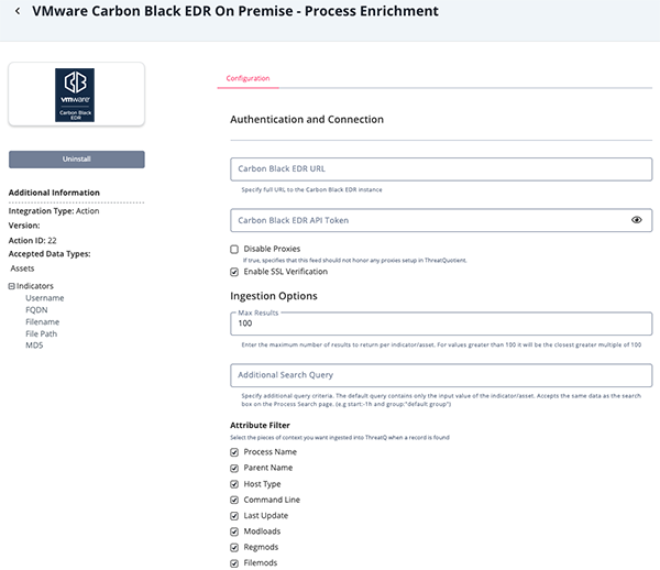 Process Enrichment Configuration Screen