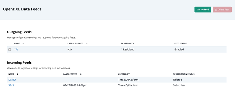 OpenDXL Data Feeds Page