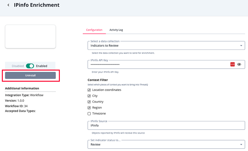 Workflow Details Page - Uninstall