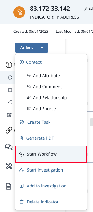 Actions Menu - Start Workflow
