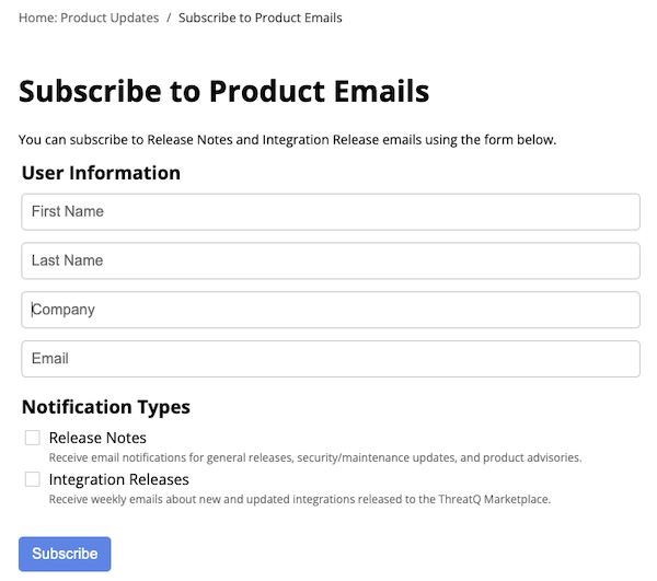 Product Email Subscription Form