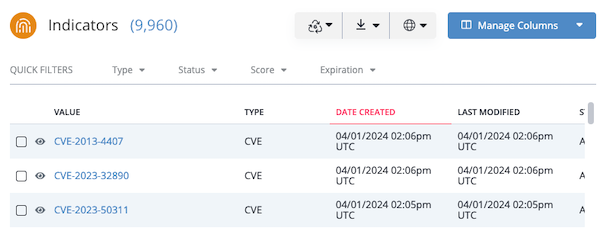 Threat Library Results List
