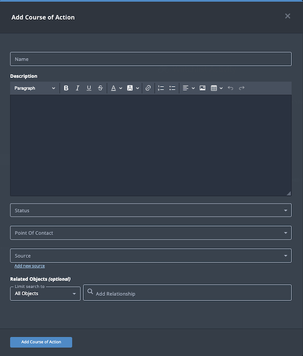 Add Courses of Action dialog box