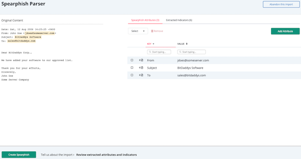 Spearphish Parser Page - Attributes and Indicators