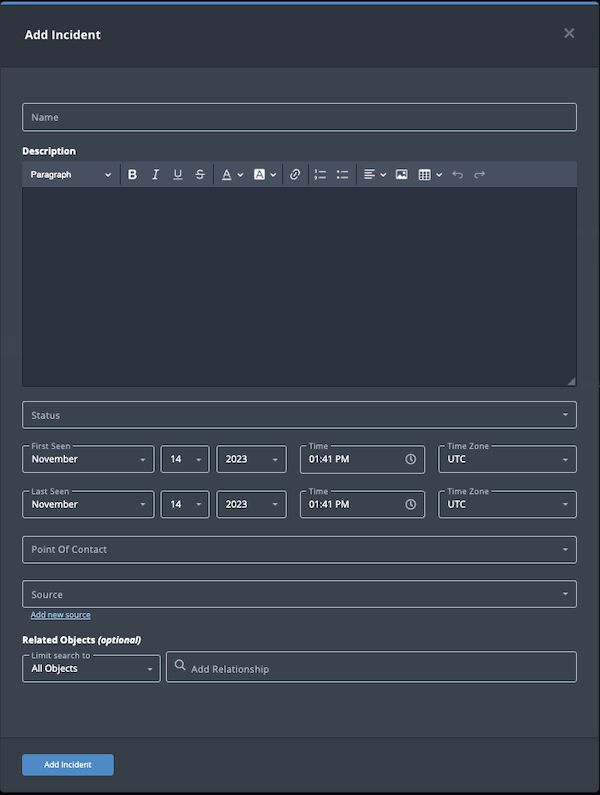 Add Incident dialog box