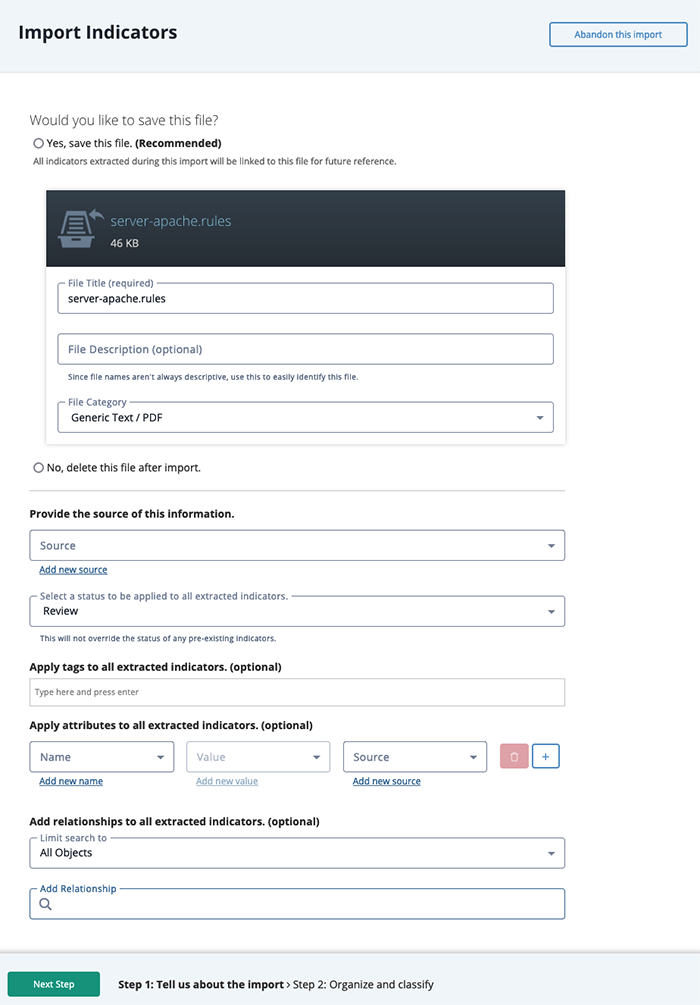 Import Indicators Form