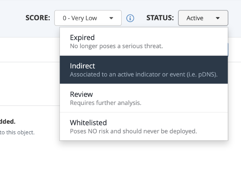 Indicator Status Dropdown Menu