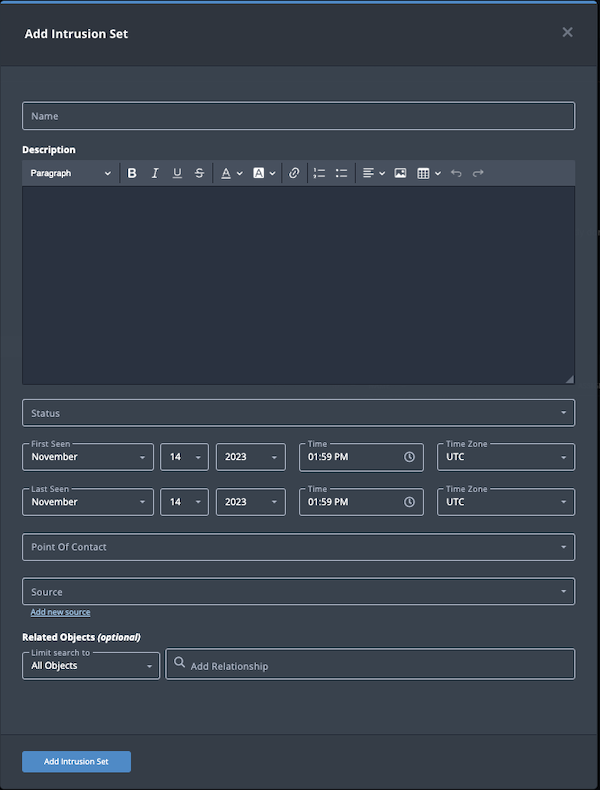 Add Intrusion Set dialog box