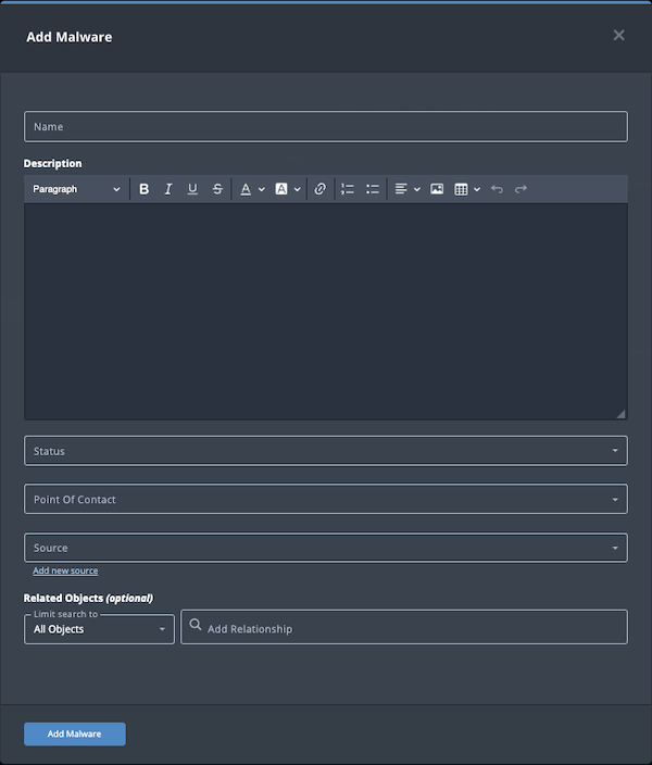 Add Malware dialog box