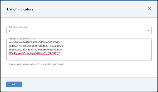 List of Indicators box entry